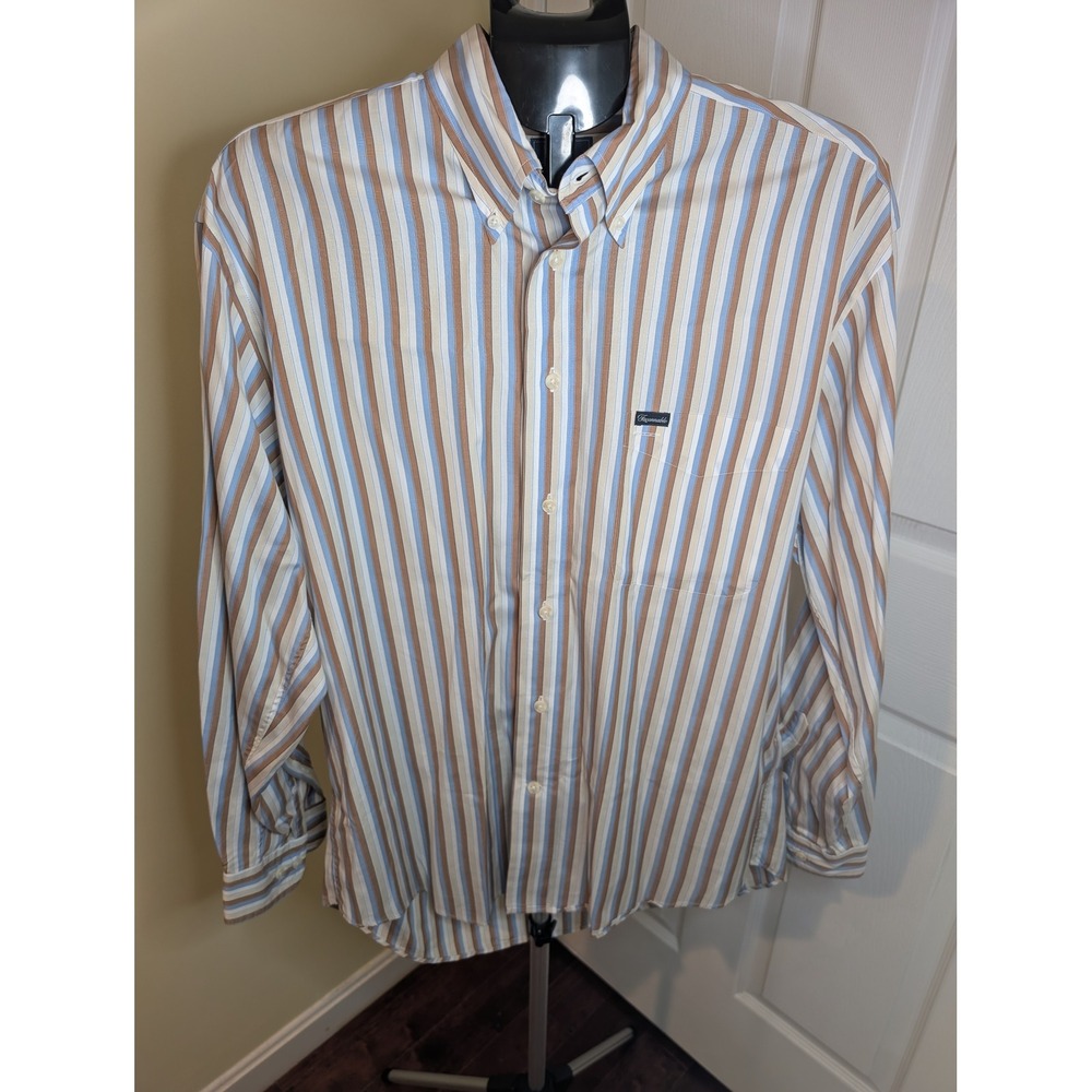 Faconnable Button Down Shirt Mens Large Brown Blue Striped Long Sleeve Cotton